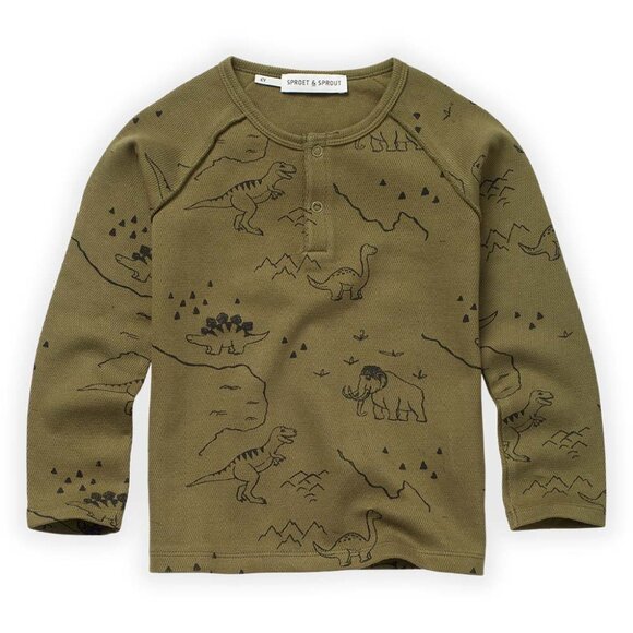 Dino Print Grandad Tee Shirt - Khaki - Picture 2 of 2